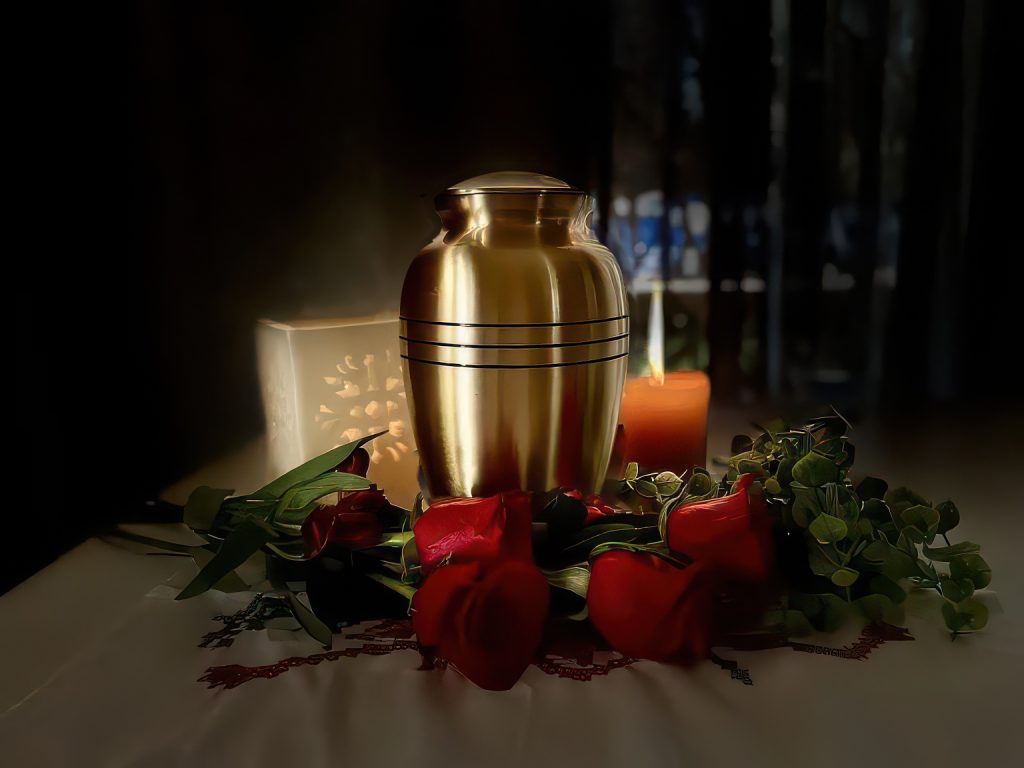 Photo of a box with a nameplate containg a loved ones ashes