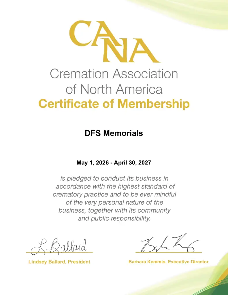 CANA Membership Certificate for DFS Memorials