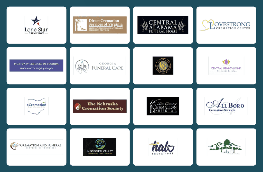 Logos of DFS Memorials network providers — Lone Star Cremation, Central Alabama Funeral Home, Golden Gate, Nebraska Cremation Society, and more across 41 US states