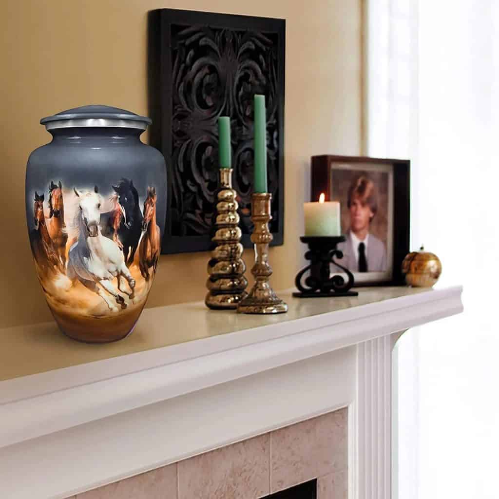 Beautiful cremation urn tribute at home on mantle with photo for remembrance
