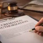 Person signing a cremation authorization form with pen on a desk in a warm, professional setting