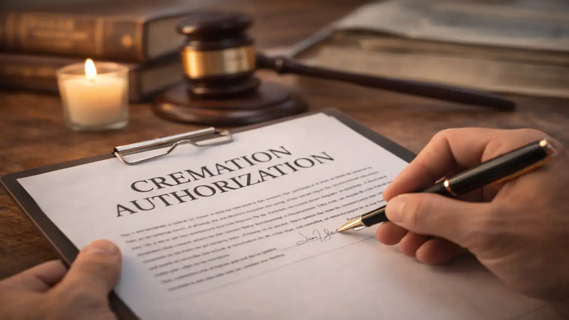 Person signing a cremation authorization form with pen on a desk in a warm, professional setting