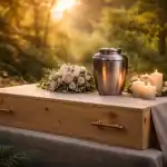 Cremation timeline showing process from death to receiving ashes with urn and sunset background