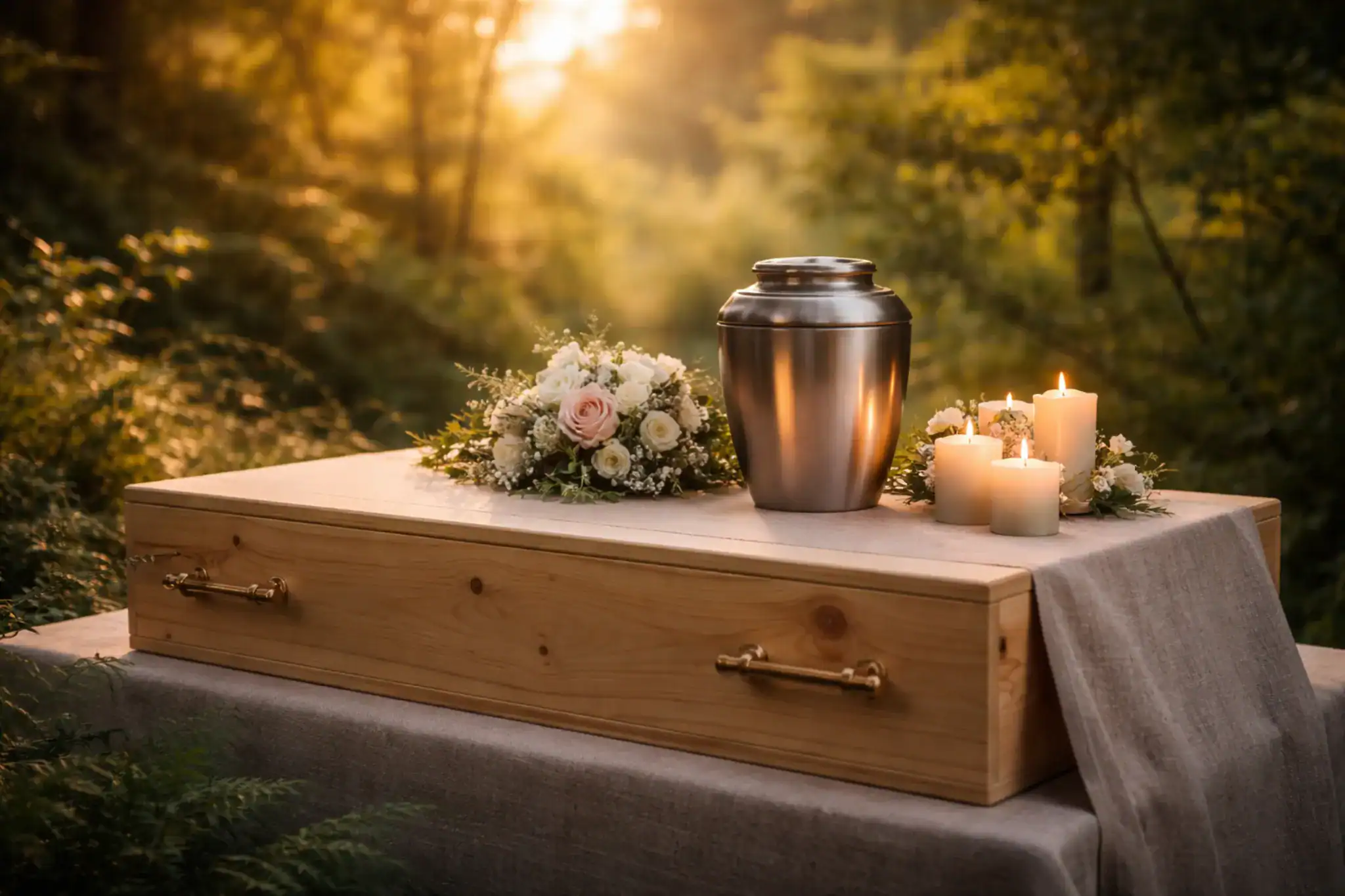 Cremation timeline showing process from death to receiving ashes with urn and sunset background