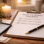 Checklist and essentials on a table for what to do in the first 24 hours after a death, including phone and documents