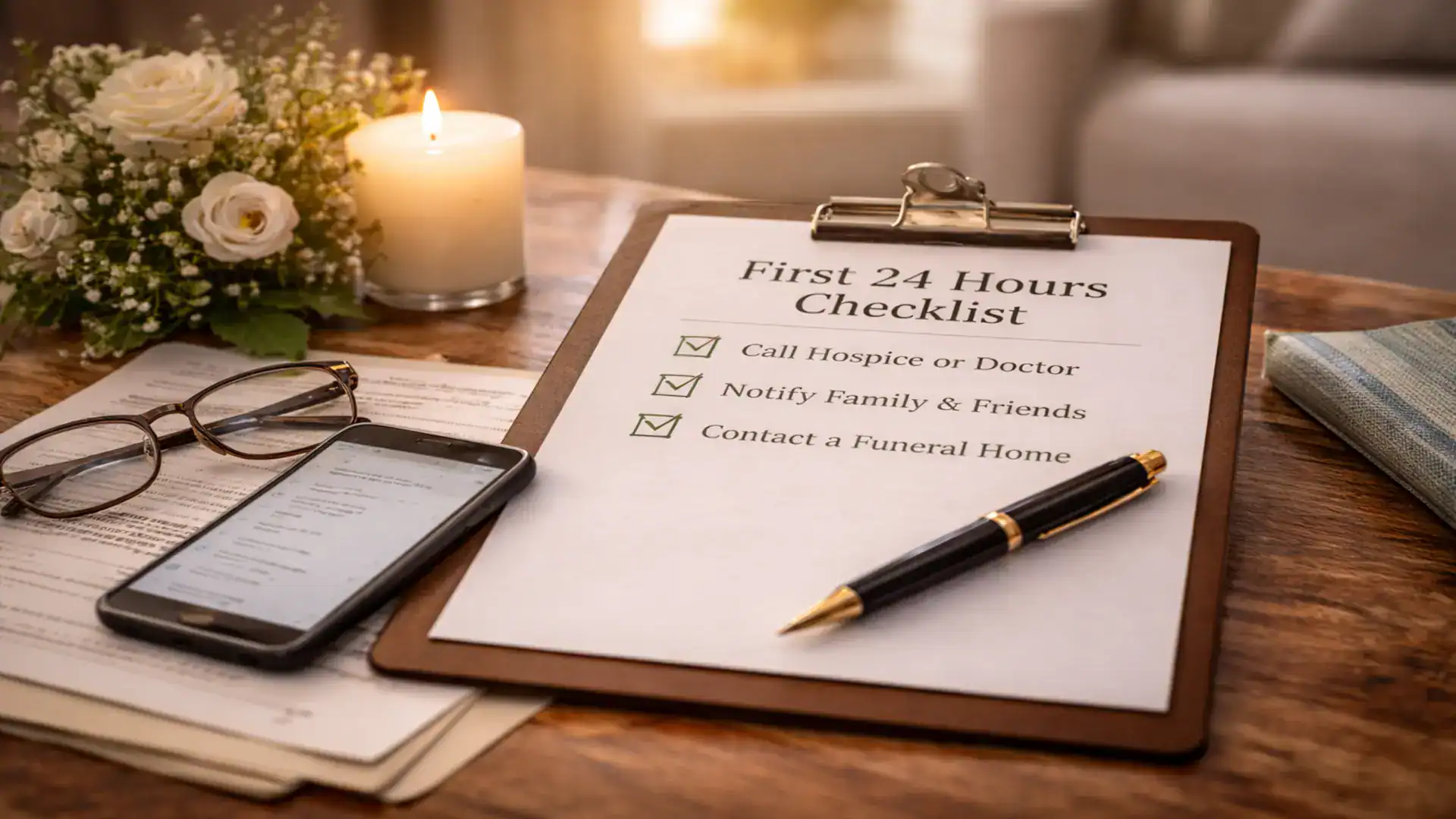 Checklist and essentials on a table for what to do in the first 24 hours after a death, including phone and documents